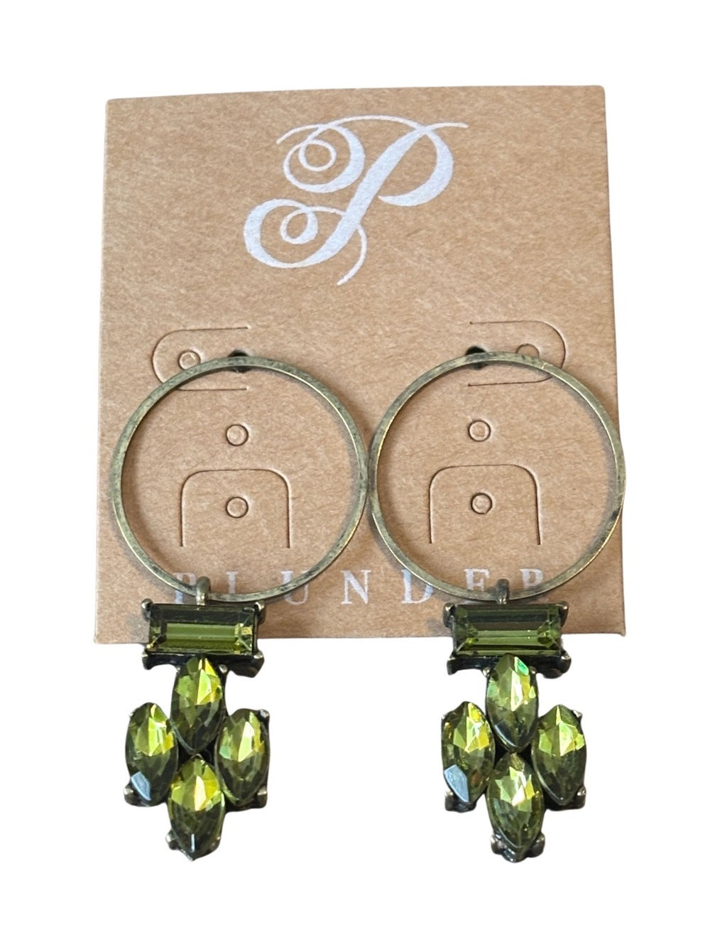 794. Plunder Olive Green Crystal Hoop Drop Earrings Hypoallergenic NEW